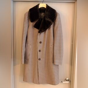 Vintage London Fog Men's Checkered Trench Coat with Dark Faux Fur Collar